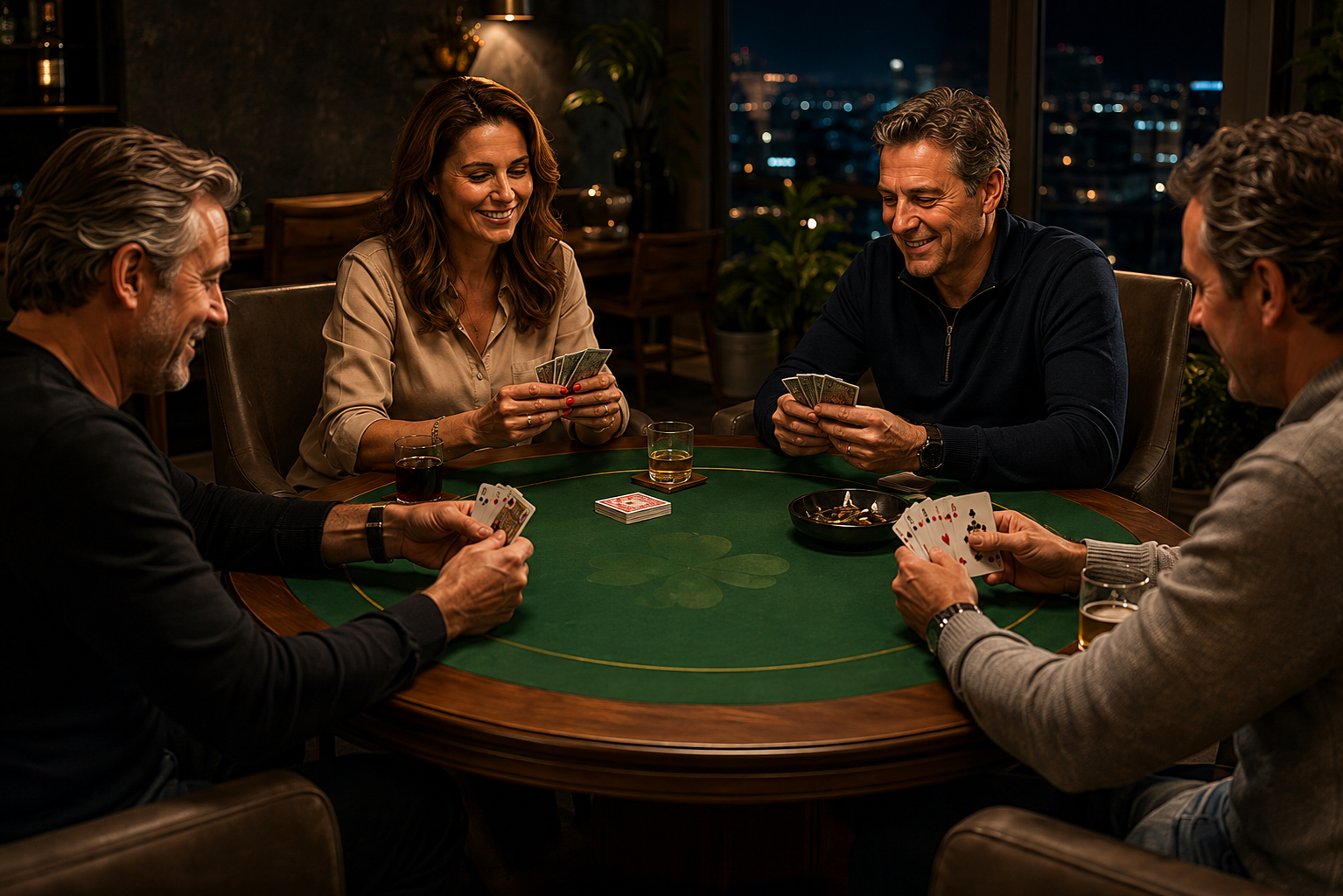 Vier spelers rond de Klaverjas Tafel